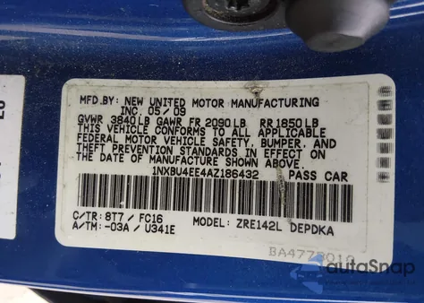 2010 Toyota Corolla Le from USA, damaged, VIN 1NXBU4EE4AZ186432